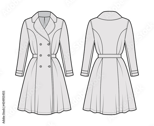 Dress coat trench technical fashion illustration with double breasted, long sleeve, fitted body, knee length semi-circular skirt. Flat apparel front, back, grey color style. Women, men unisex mockup