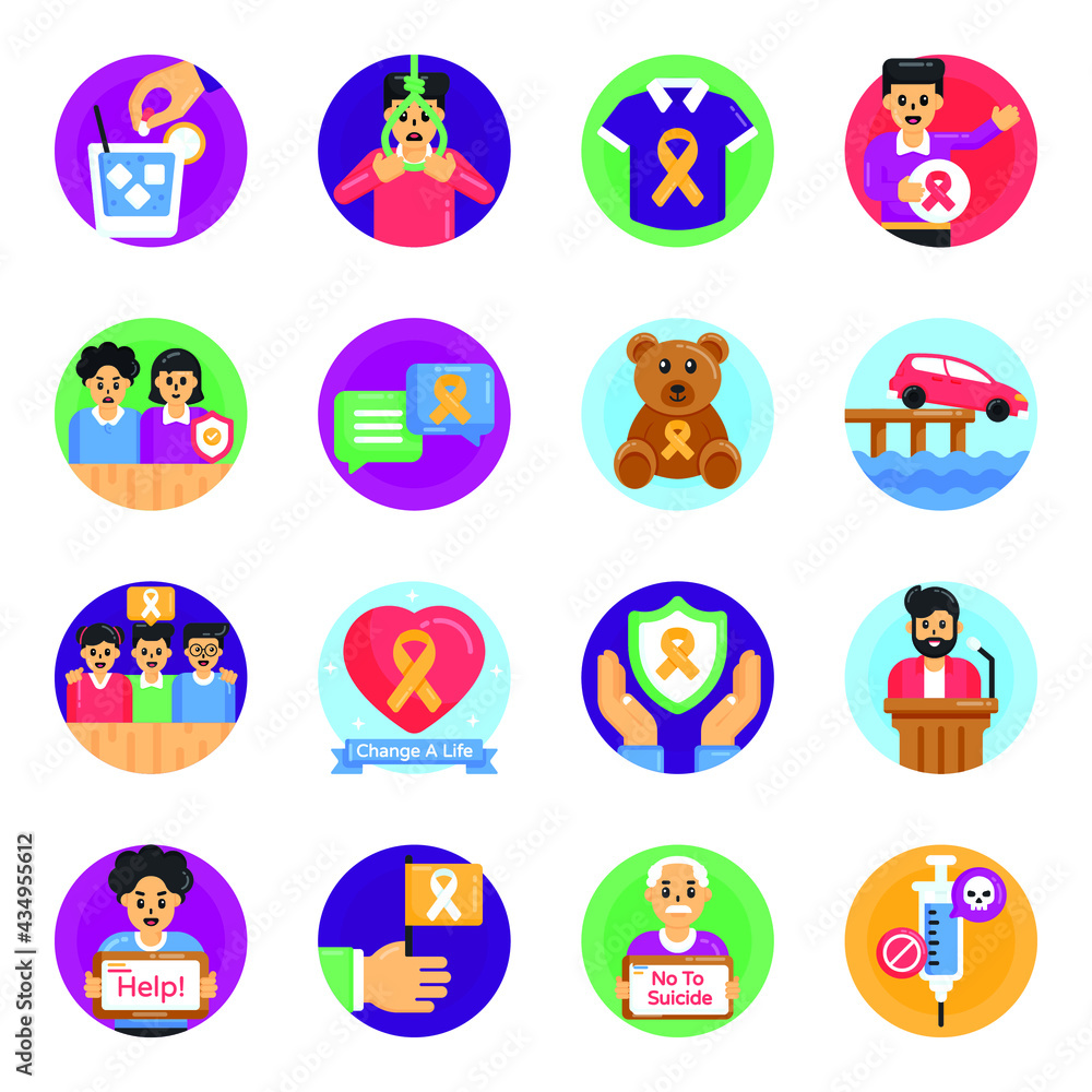 Suicide and Its Prevention Flat Round Icons

