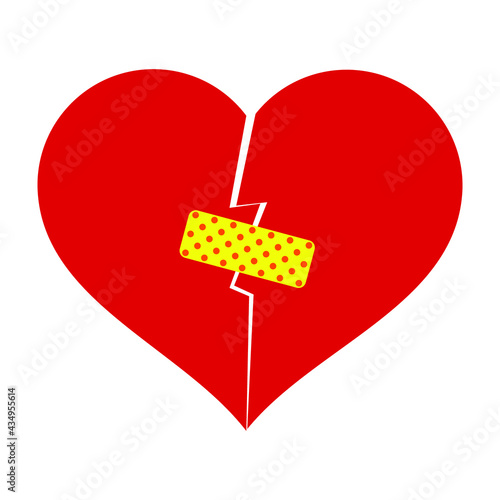 Broken heart sealed with a medical bandage in pop art style.