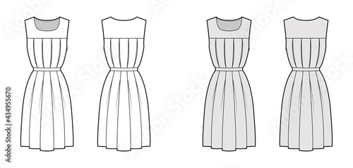 Dress gymslip technical fashion illustration with sleeveless, knee length A-line skirt, pleats. Flat girls school uniform apparel front, back, white, grey color style. Women, men unisex CAD mockup