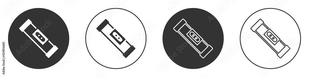 Black Construction bubble level icon isolated on white background. Waterpas, measuring instrument, measuring equipment. Circle button. Vector Black Construction bubble level icon isolated on white background. Waterpas, measuring instrument, measuring equipment. Circle button. Vector