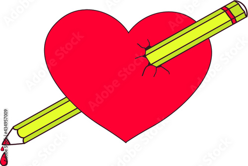 Heart pierced with a pencil illustration in doodle style. Template for Valentine day.