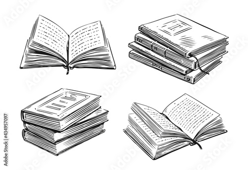 Books collection. School, study concept. Hand drawn vector illustration in sketch style