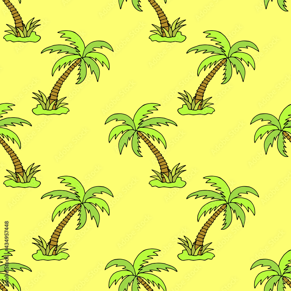 Bright seamless illustration with palm trees. Vector drawing.