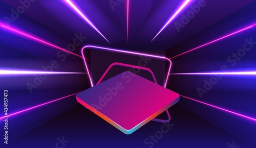 Empty neon stage for product replacement with futuristic rectangle blue and pink neon light background.