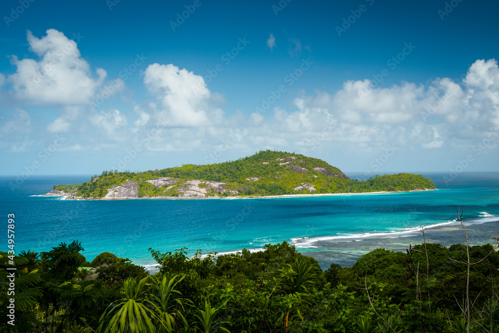 Seychelles. Island in shape of tortoise. Turtle island. East Africa and Indian Ocean. Beautiful tropical destination.