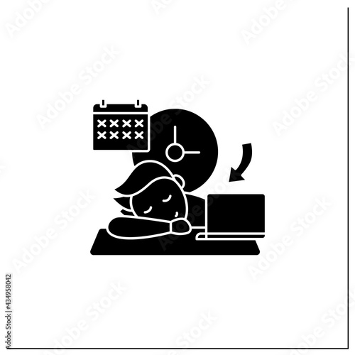 Crisis marker procrastinator glyph icon.Laziness. Defer Task. Sleep at workplace. Working on stressful situation.Procrastination concept.Filled flat sign. Isolated silhouette vector illustration