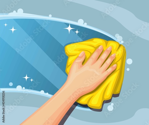 Hand wiping dirty glass cleaning window house or car with fabric concept in cartoon illustration vector
