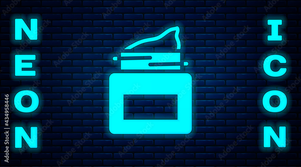 Glowing neon Cream or lotion cosmetic jar icon isolated on brick wall background. Body care products for men. Vector Glowing neon Cream or lotion cosmetic jar icon isolated on brick wall background. Body care products for men. Vector