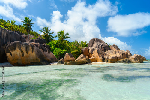Seychelles, East Africa. Beach view. Summer vacation and tropical beach background concept. La Digue island lagoon view.