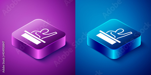Isometric Active male kid raising hand answering to teacher question icon isolated on blue and purple background. An elementary student raises his hand. Square button. Vector