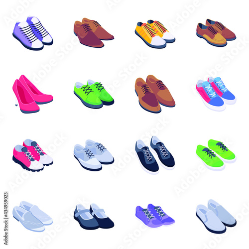 Set of Shoes and Footwear Isometric Icons 
