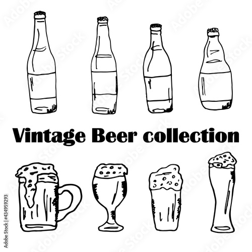 Vector hand drawn set of beer bottles and glasses. Sketch.