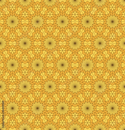Vector islamic persian star hexagon geometric shape seamless pattern honey gold color background. Use for fabric, textile, interior decoration elements.
