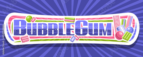 Vector banner for Bubble Gum, white horizontal sign board with illustration of flat lay colorful bubblegums and candies, add voucher with unique brush lettering for words bubble gum on blue background