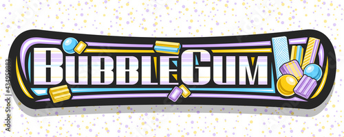 Vector banner for Bubble Gum, black signboard with illustration of flat lay colorful bubblegums and yellow candies, add coupon with unique brush lettering for words bubble gum on abstract background.