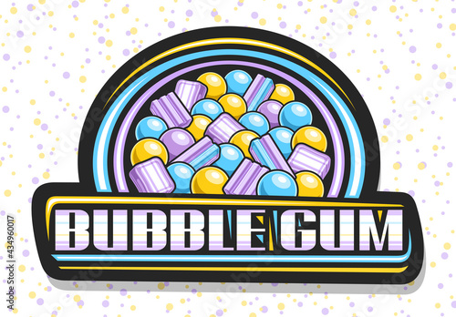 Vector logo for Bubble Gum, black decorative signboard with illustration of different colorful bubblegums and candy, dark badge with unique brush lettering for words bubble gum on abstract background.