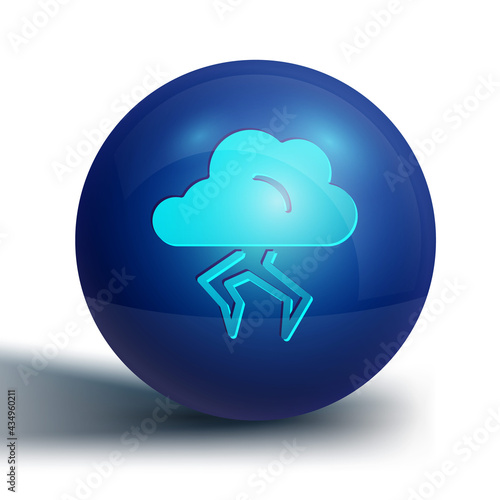 Blue Storm icon isolated on white background. Cloud and lightning sign. Weather icon of storm. Blue circle button. Vector