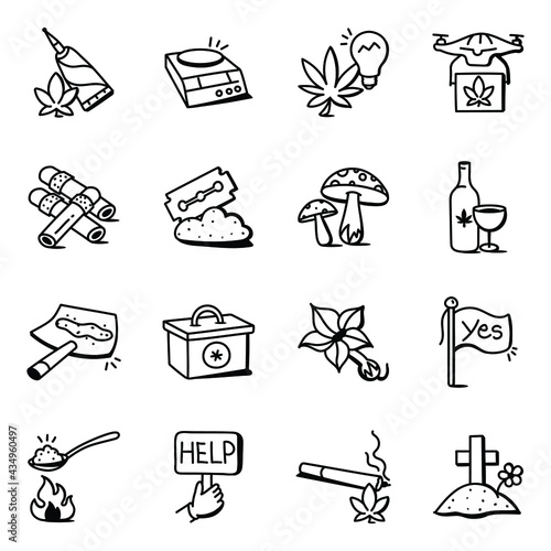 Set of Cannabis Abuse Hand Drawn Icons

