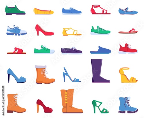 Flat shoes. Fashion footwear for women and men. Sneakers, sandals, ballets and stiletto heel shoe. Trendy cartoon boots designs vector set