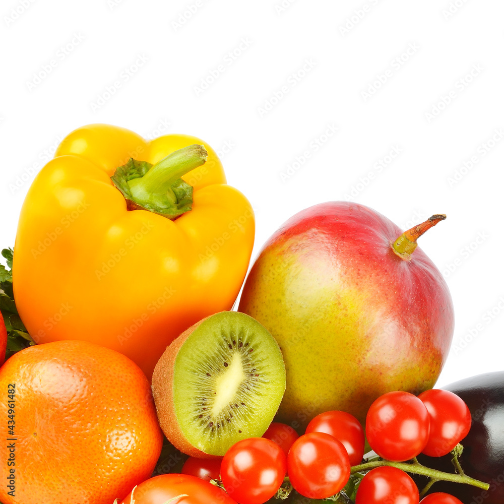 Vegetables and fruits isolated on a white . Free space for text. Vegetables and fruits isolated on a white . Free space for text.