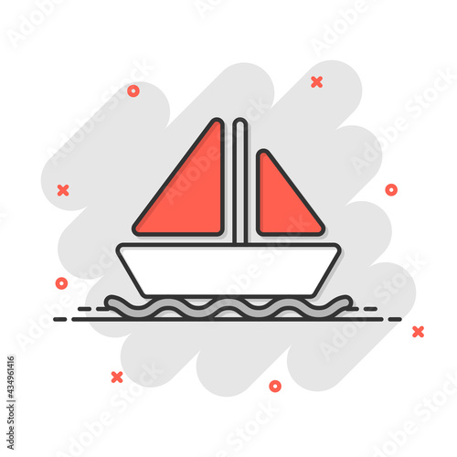 Tourism ship icon in comic style. Fishing boat cartoon vector illustration on white isolated background. Tanker destination splash effect business concept.
