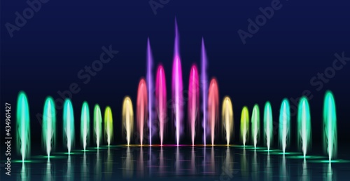 Fountains show. Realistic colored dancing water jets in night. Fountain cascade with lights for park decoration, 3d aqua sprays vector set
