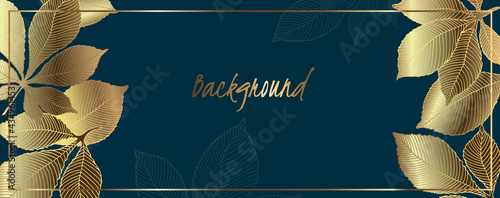 Luxury golden leaves vector wallpaper. Golden chestnut leaves and green emerald background. Vector illustration.