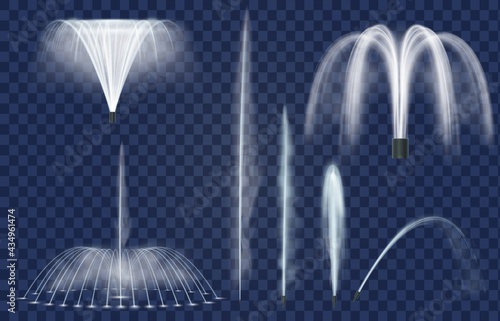 Fountain jets. Realistic water splashes, curved sprays and geysers. Fountains cascade and combination. Water decoration for park vector set