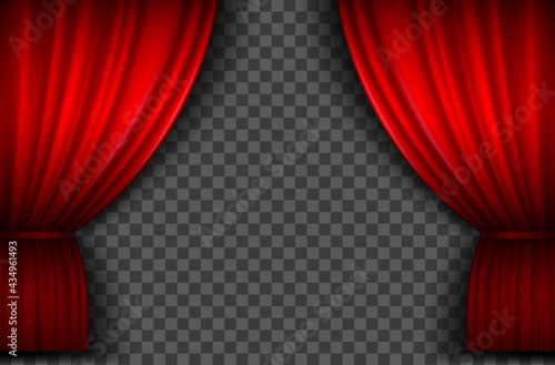Red curtains. Realistic open velvet stage curtain for theatre show, circus or cinema. Portiere drapes for premiere ceremony vector template