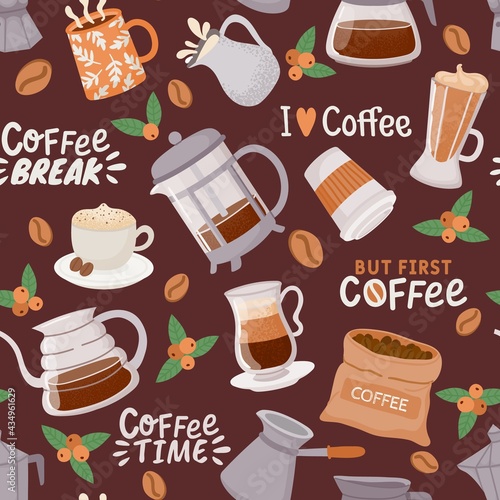 Coffee seamless pattern. Cup with cappuccino, latte, espresso maker and cream. Coffee element and quote for cafe or kitchen vector wallpaper