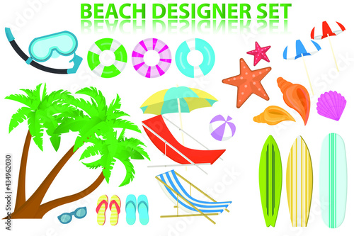Set of beach items isolated on a white background. Vector