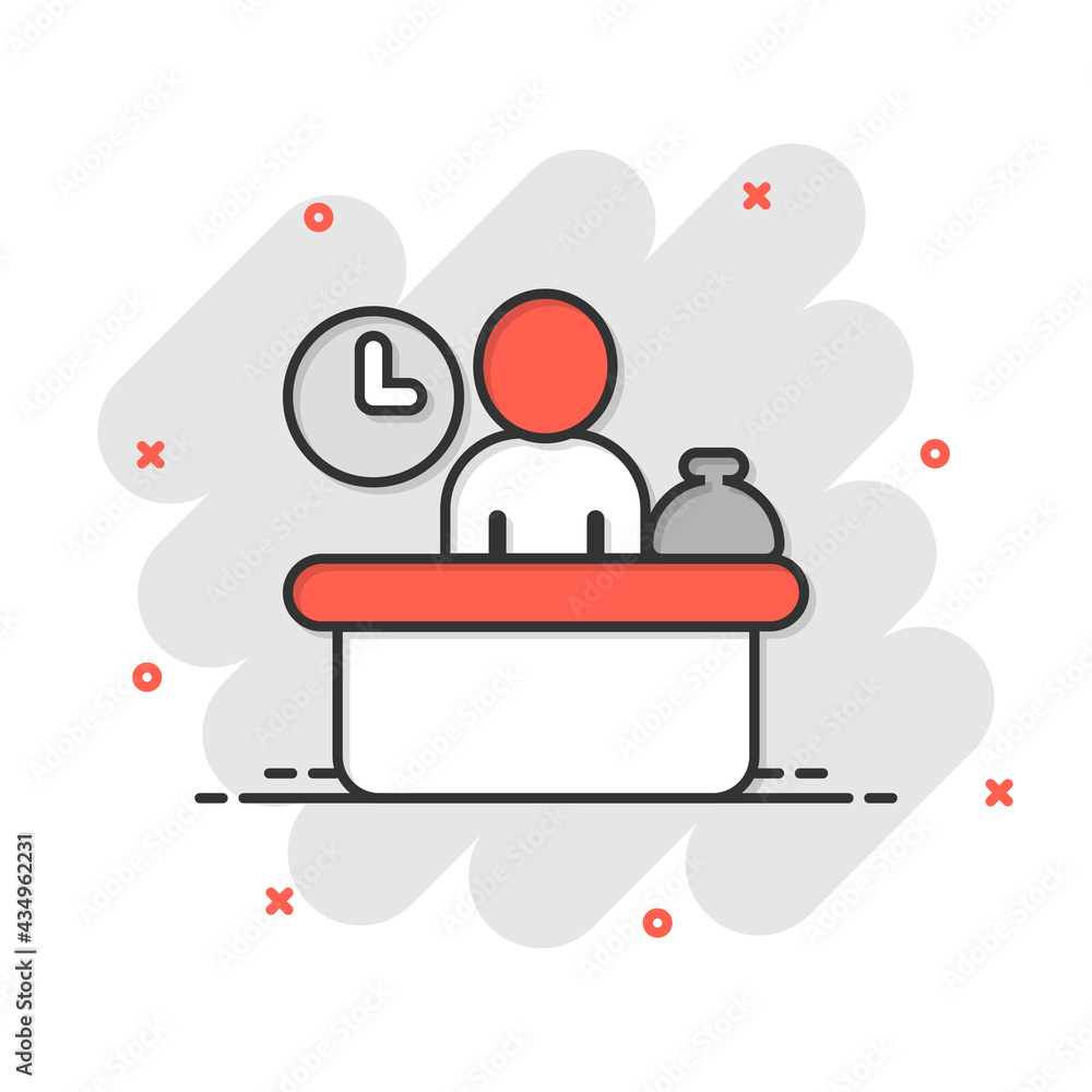 Check in reception icon in comic style. Booking service cartoon vector illustration on white isolated background. Hotel reservation splash effect business concept. Check in reception icon in comic style. Booking service cartoon vector illustration on white isolated background. Hotel reservation splash effect business concept.