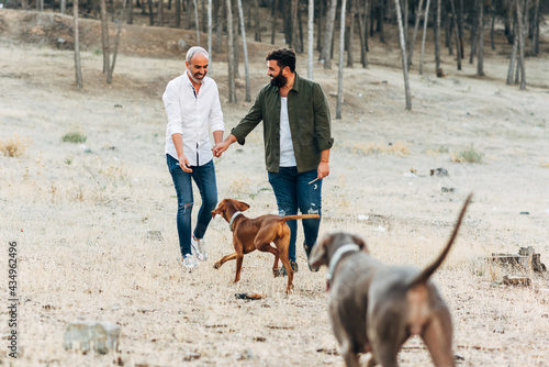 happy gay male couple walking with their dogs in the countryside. lgbt guys playing with their dogs outside.