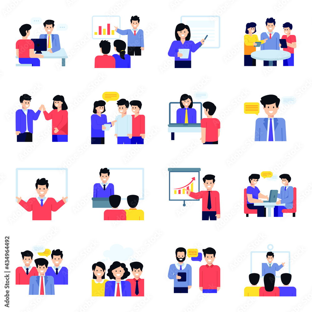 Flat Character Icons of Meetings and Discussion
