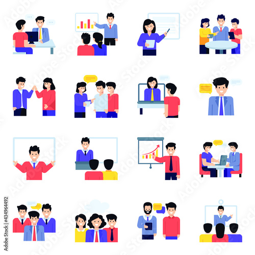 Flat Character Icons of Meetings and Discussion
