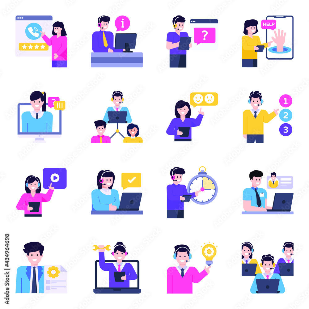 Flat Icons of Customer Tech Support Characters

