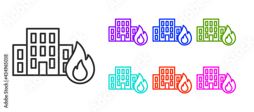 Black line Fire in burning buildings on city street icon isolated on white background. Destroyed city on fire. Set icons colorful. Vector