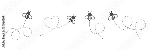Cute bees with dotted line route set. Vector illustration isolated on white