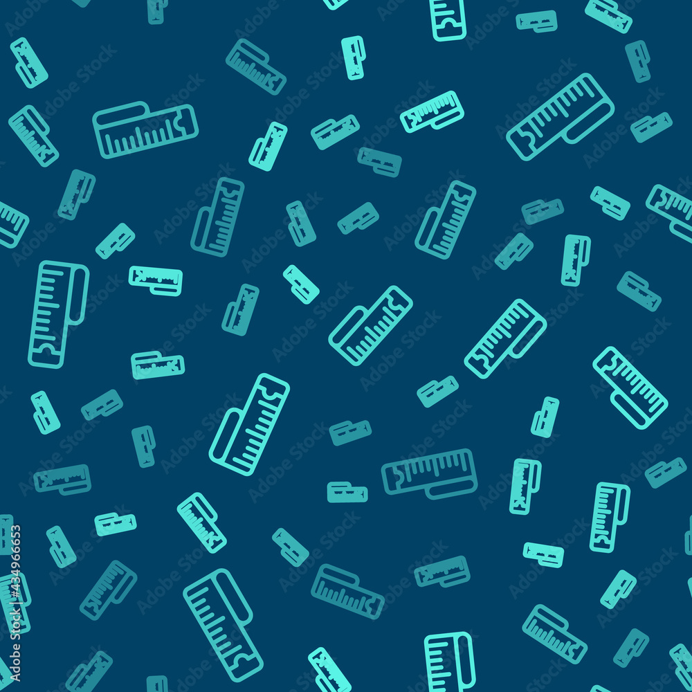 Fototapeta premium Green line Tape measure icon isolated seamless pattern on blue background. Measuring tape. Vector