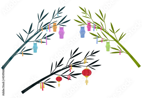Tanabata Japanese traditional festival background banner. Bamboo decorated with paper lanterns. Vector illustration