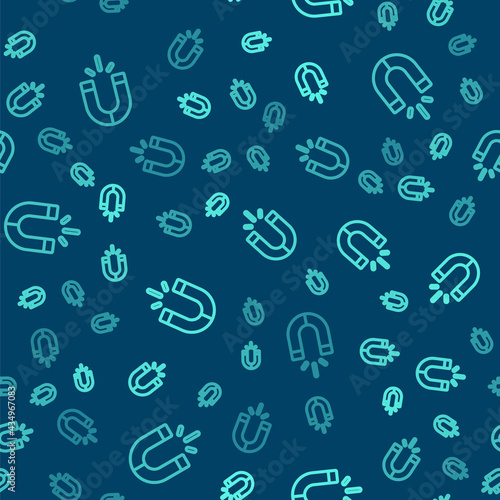 Green line Magnet icon isolated seamless pattern on blue background. Horseshoe magnet, magnetism, magnetize, attraction. Vector