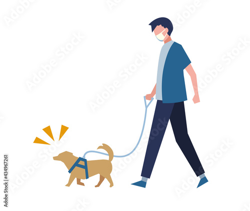 マスクを着用して犬の散歩をする男性　人物フラットイラスト