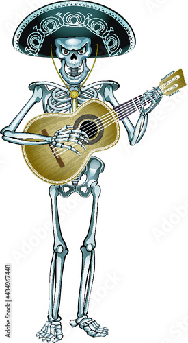 mexican mariachi skeleton wearing sombrero and playing guitar
