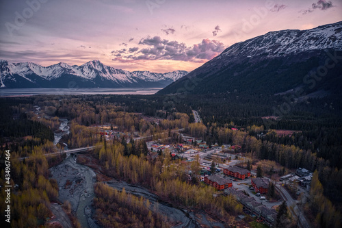 Aerial View of the Resort Town of Girdwood, Alaska at Sunset photo