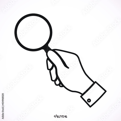 search, verify on white background, hand holding magnifier glass, flat style.
