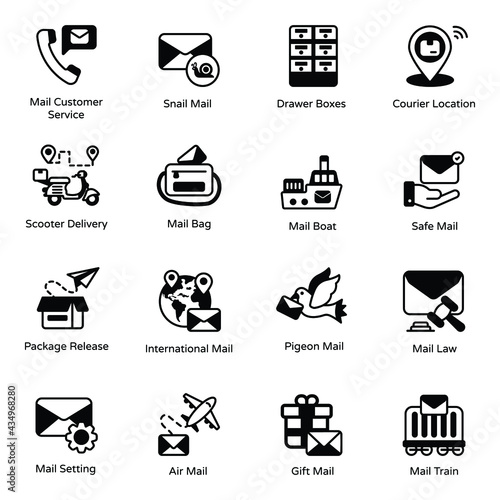 Set of Postal and Mailing Service Solid Icons

