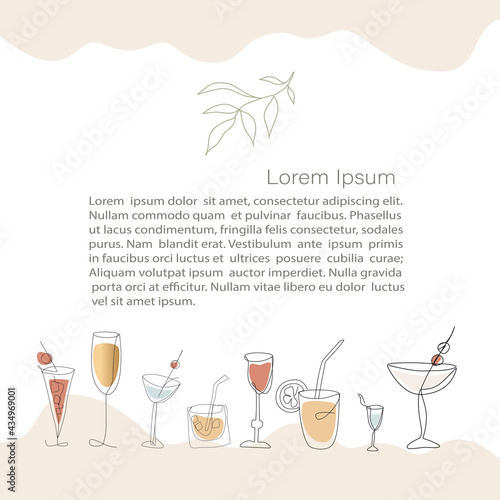 Party, reception and alcoholic drinks. Abstract minimalistic Vector Template. line art drawing, abstract shape. Template with copy space for text for  invitation, cards, banner or poster