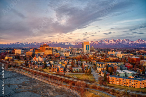 Aerial View of a Sunset over Downtown Anchorage, Alaska in Spring photo