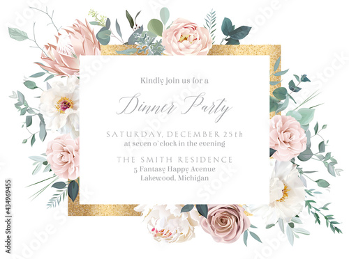 Silver sage and blush pink flowers vector design frame